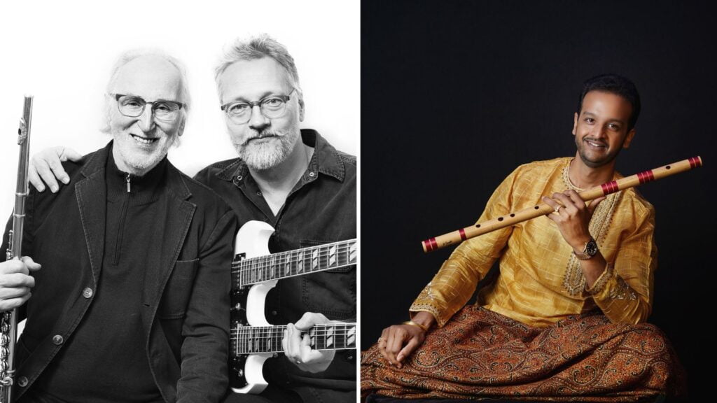 Kollaasi, jossa kaksi kuvaa. Ensimmäisessä kaksi miestä toinen huilu kädessä ja toinen kitara. Toisessa kuvassa mies istuu huilu kädessään.