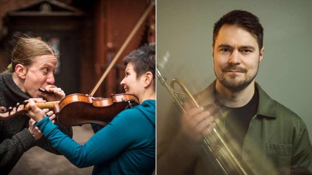 Kaksi kuvaa. Vasemmassa mies soittaa huuliharppua ja nainen viulua toisiaan katsoen. Oikean puoleisessa mies pitelee trumpettia.